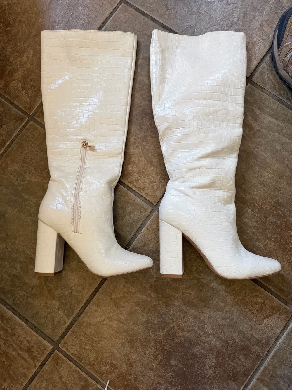 White Croc-Embossed Mid-Calf Block Heel Boots